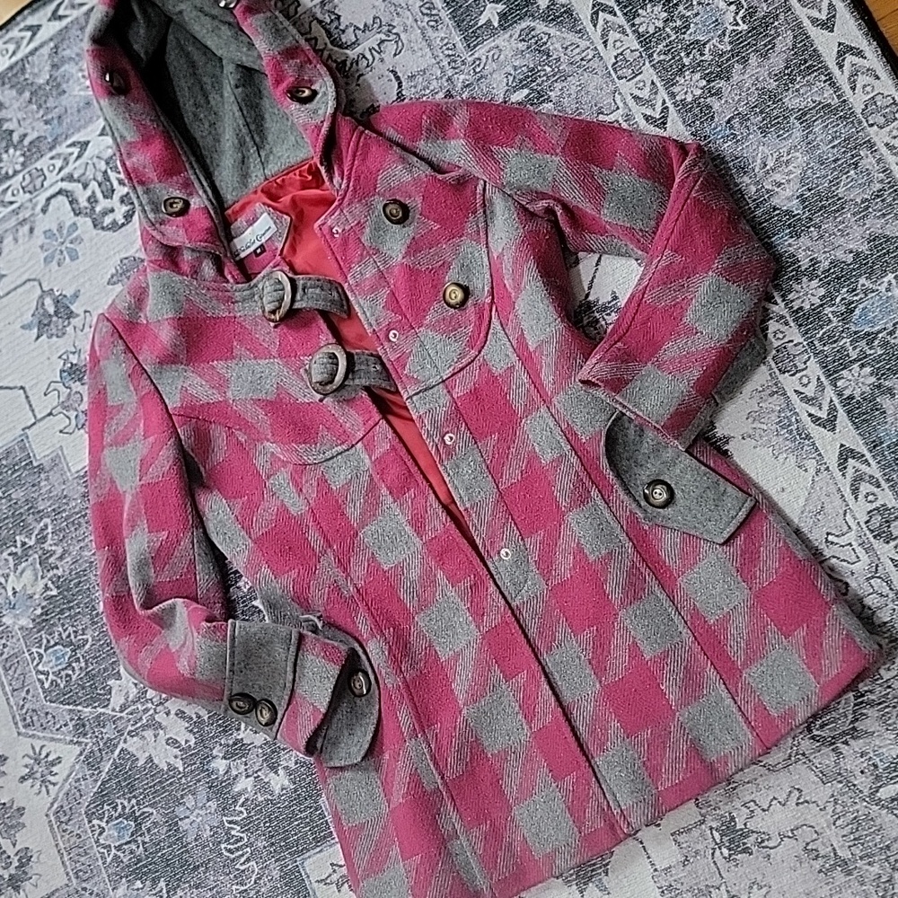 Da Lat Collection Pink and Gray Wool Blend Hooded Coat with Wooden Buttons